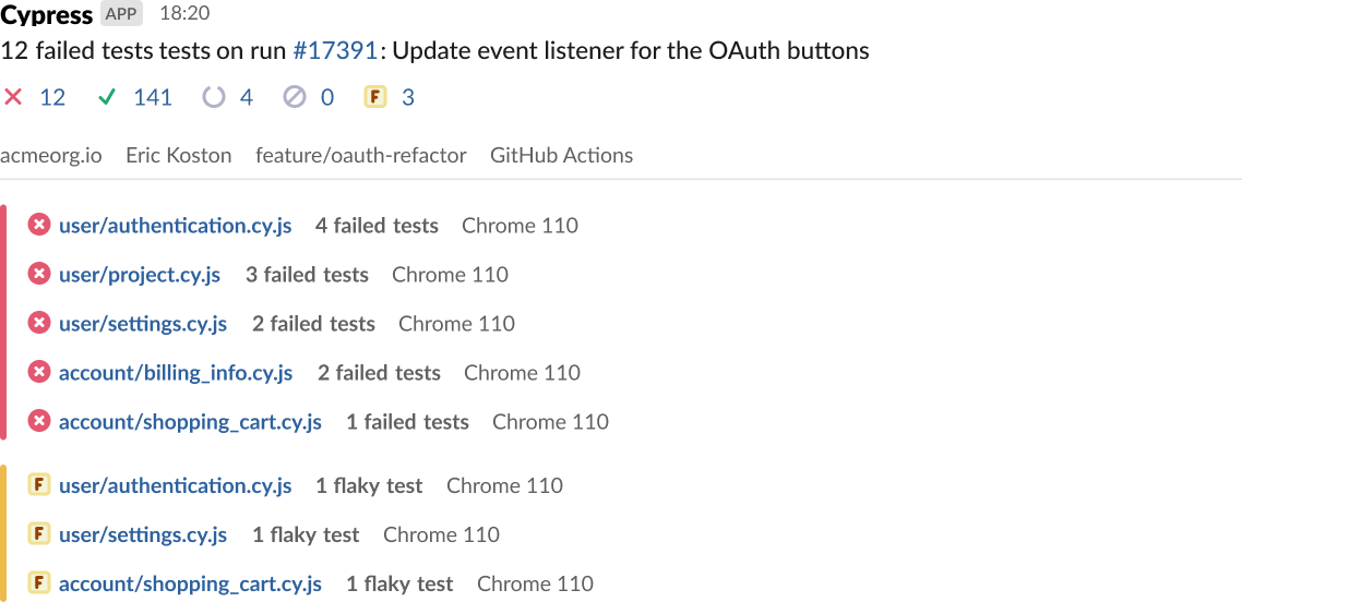 Screenshot of an instant messaging system like slack or team notifying of a cypress run