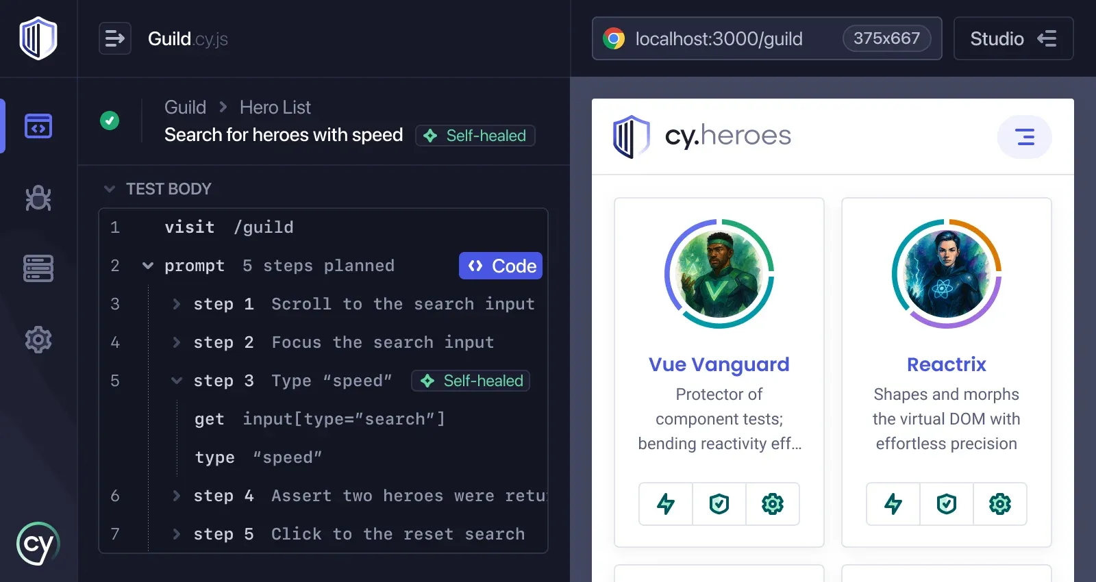 The Cypress App running a cy.prompt test: five natural-language steps planned, one expanded into generated commands with a self-healed selector, beside the app under test.