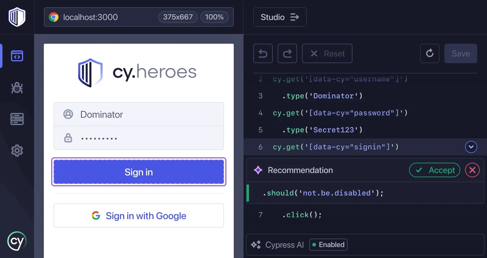 Cypress Studio recording a sign-in flow: recorded commands on the right, with a Smart Recommendation suggesting a not-disabled assertion to accept.